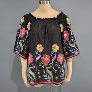 FERATILLI Black Floral Embroidered Off Shoulder Peasant Tunic Cotton Blouse S